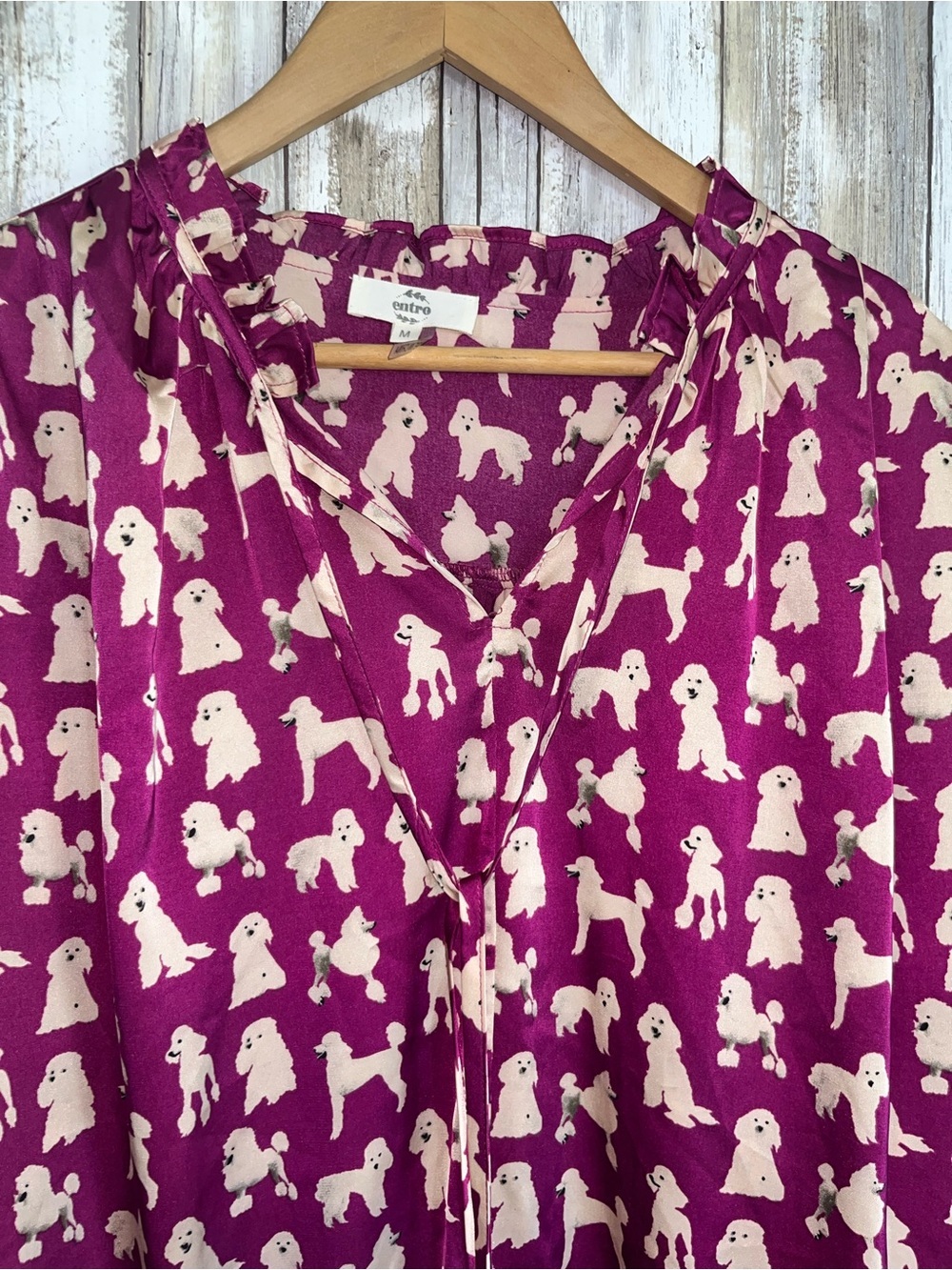 Entro Dog Print Blouse M Pink Poodle Print Flowy Boho Tie Neck Long Sleeve Top - Picture 5 of 6